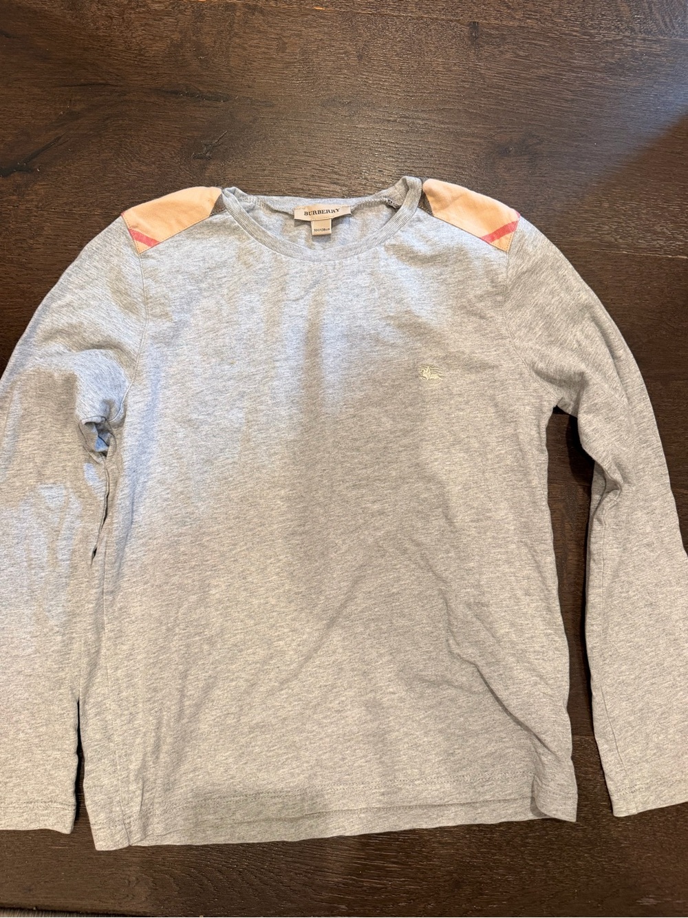 Burberry Kids Light Gray Long Sleeve Tee with Peach Shoulder Panels